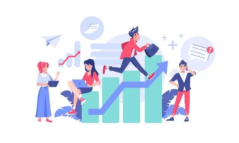 Tiny people sitting running on graph chart growing Stock Illustration