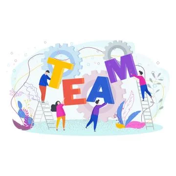 Tiny people stack up the word team Stock Illustration