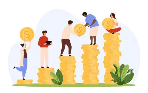 Tiny People Stacking Coins for Financial Growth 스톡 일러스트