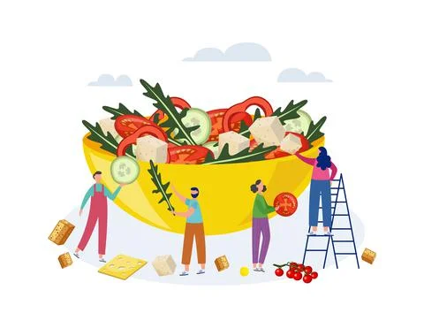 Tiny people standing by huge salad bowl, flat vector illustration isolated. Illustrazione stock