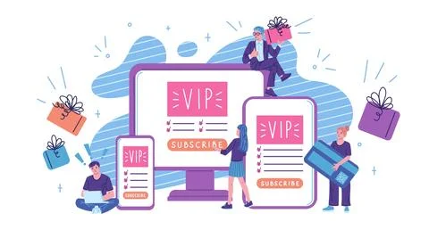 Tiny people subscribing to online service or newsletter, flat vector Stock Illustration