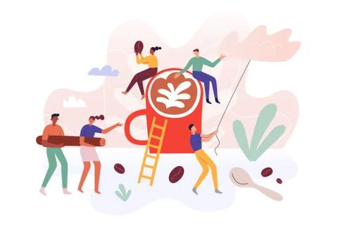 Tiny people team making coffee at coffeehouse, little humans teamwork, men and Stock Illustration