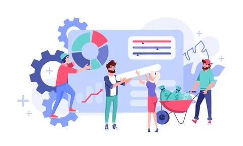 Tiny people team making report analyzing diagram data Stock Illustration