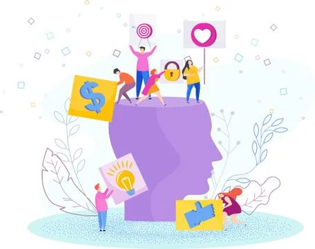 Tiny people as thoughts and ideas in Human head. Illustrazione stock