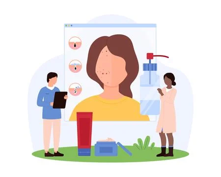 Tiny people treating acne and skin cleaning concept Stock Illustration