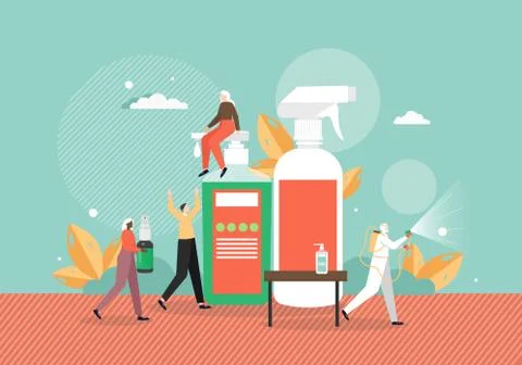 Tiny people using disinfectant, antibacterial soap and hand sanitizers against Stock Illustration