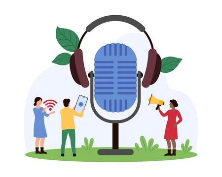 Tiny people using microphone and headphones to record and playback audio in Stock Illustration