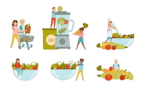 Tiny People Vegetarian Character Eating Veggie Making Salad in Bowl and Mixing Illustrazione stock