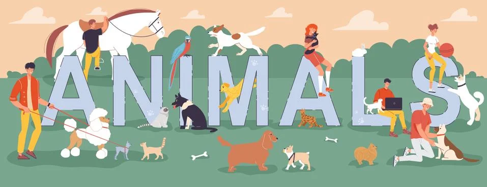 Tiny people walking pet over big letter animal Stock Illustration