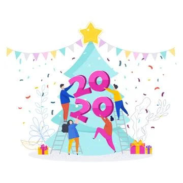 Tiny people, young men and women decorate a Christmas tree. Stock Illustration