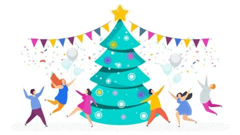 Tiny people, young men and women decorate a Christmas tree. Stock Illustration