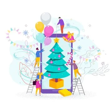 Tiny people, young men and women decorate Christmas tree on mobile screen. Illustrazione stock