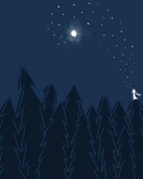 Tiny Person In Pine Forest Under Moonlight Illustration Stock Illustration