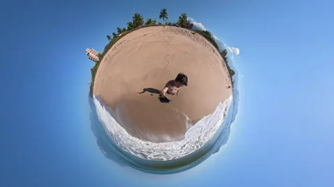 Tiny Planet 360 View of a Man Enjoying a Deserted Tropical Beach in Brazil Stock Footage 345080080