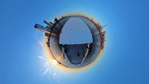 Tiny planet aerial 360-degree view of ferry with New York skyline, USA 動画素材 304147558