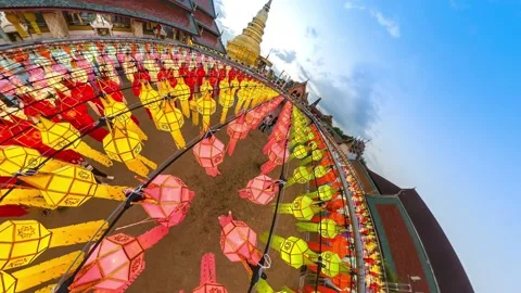 Tiny Planet Beautiful Lanterns Decoration In Temple Of Lamphun, Thailand Stock Footage 225023962