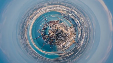 Tiny planet - clouds over industrial port time-lapse footage Stock Footage 77373882