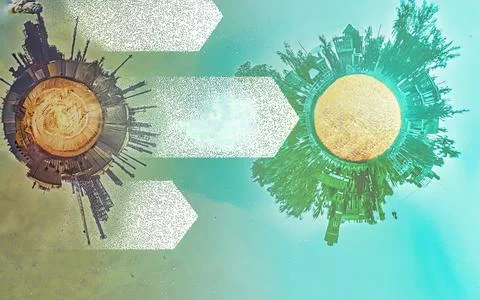 Tiny Planet Effect Comparing Industrial Development and Green Ecosystem Con.. 写真素材