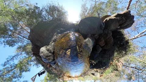 A Tiny Planet Effect Image of a Small Stream Flowing Among Large Rocks with Video stock 301938258