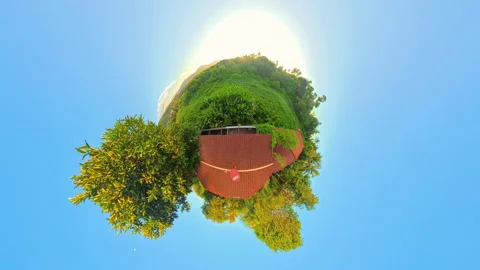 Tiny Planet Effect Showing Sunset Sky over Rooftops and Jungle from 360 Degree Vídeo Stock 314447429