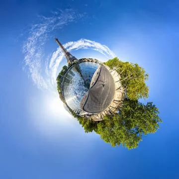 Tiny planet of the Eiffel Tower and riverside of the Seine in Paris Miniat... Stock Photos