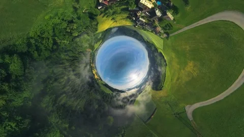 Tiny Planet to Inverted Planet Effect over Mühlviertel Landscape Austria Stockbeeldmateriaal 345011819