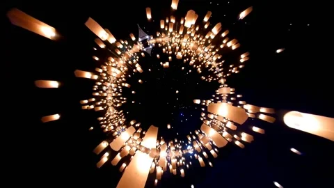 Tiny Planet Many Sky Lanterns Floating Around To Night Sky and Reflection Effect 動画素材 131456127