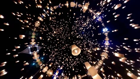 Tiny Planet Many Sky Lanterns Floating Around To Night Sky and Reflection Effect Stock Footage 131456142