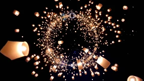 Tiny Planet Many Sky Lanterns Floating Around To Night Sky and Reflection Effect Stock Footage 131456266