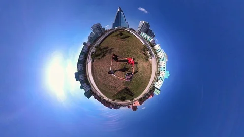 Tiny Planet –  Ryugyong Hotel Pyramid  in Pyongyang- 360° Time lapse Stock Footage 99843443