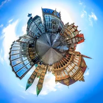 Tiny planet with Skyline of Bremen main market square, Germany Foto stock