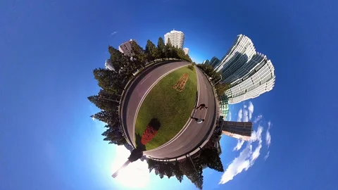 Tiny Planet spinning on Ryomyong Street in Pyongyang- Tower of Eternal Life 360° Stock Footage 99842255