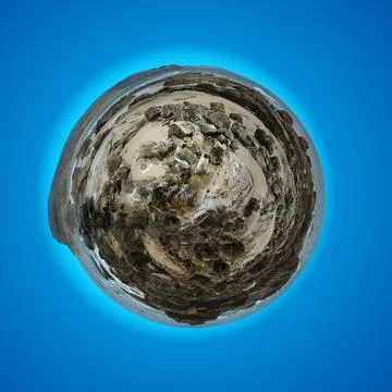 Tiny planet tidepool beach panoramic sphere image with coastal California 库存照片
