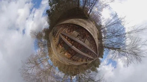 Tiny Planet View of Old Rusty Steel Rails Railway in Autumn Forest on Sunny Day Stock Footage 126835118