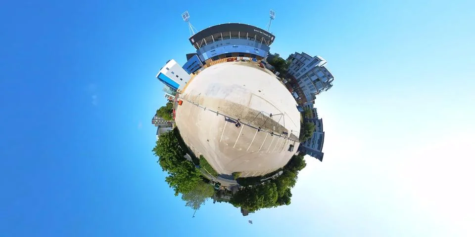 A tiny planet view the Sir Alf Ramsey Stand at Portman Road in Ipswich Stock Photos