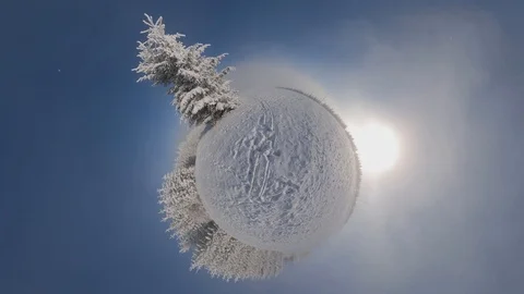 Tiny Planet View of Winter Landscape with Trees Covered in Snow on Sunny Day Stock Footage 124979366