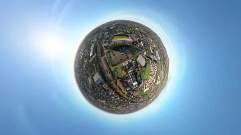 Tiny Planet Wrexham: 360-Degree Spherical Panorama of the Racecourse Ground Fotos Stock