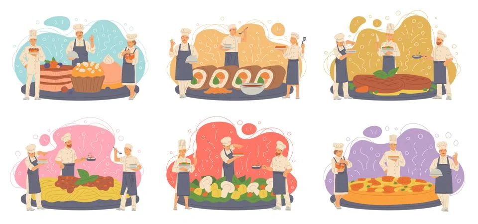 Tiny professional chefs prepare delicious dishes a vector illustration Illustrazione stock
