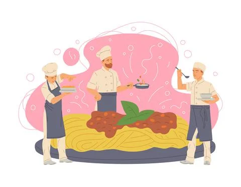 Tiny professional chefs prepare delicious italian pasta a vector illustration Illustrazione stock