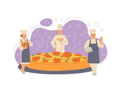 Tiny professional italian chefs with huge delicious pizza a vector illustration. イラスト素材