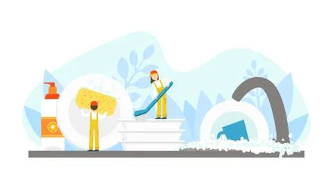 Tiny Professional Workers in Uniform Washing The Dishes in Kitchen, Cleaning Stock Illustration