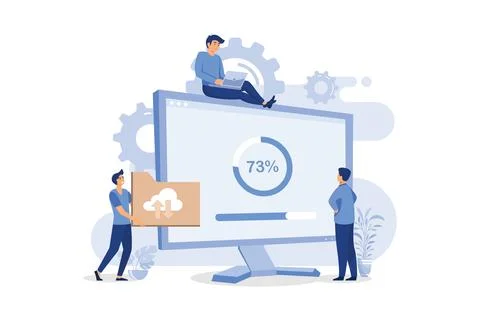 Tiny programmers upgrading operation system of computer isolated flat vecto.. Illustrazione stock