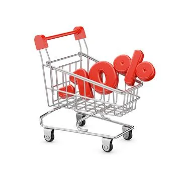 Tiny red colored shopping cart and ten percent discount text. Isolated on w.. Stock Illustration