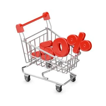 Tiny red colored shopping cart and fifty percent discount text. Isolated on.. Stock Illustration