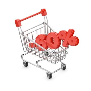 Tiny red colored shopping cart and sixty percent discount text. Isolated on.. Stock Photos