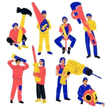 Tiny repair people. Fix breakdowns team, small workers with huge tools Ilustração Stock