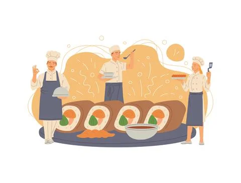Tiny restaurant chefs standing near dish flat vector illustration isolated. Stock Illustration