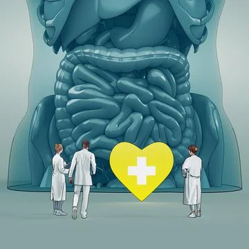 Tiny scientists studying gastrointestinal tract and digestive system isolated Stock Illustration