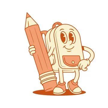 Tiny smiling schoolbag backpack cartoon character with pencil isometric vecto Stock Illustration