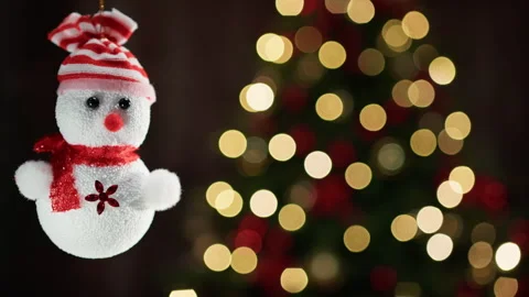 Tiny snowman decoration with Christmas tree in the background Stock Footage 255596284